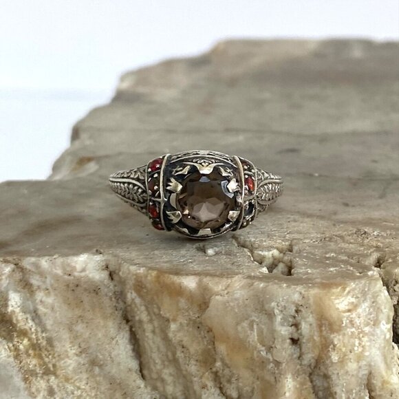 Sterling Silver 925 Dainty Round Smoky Quartz & Opal Accent Ring MISSING STONE - Picture 3 of 16